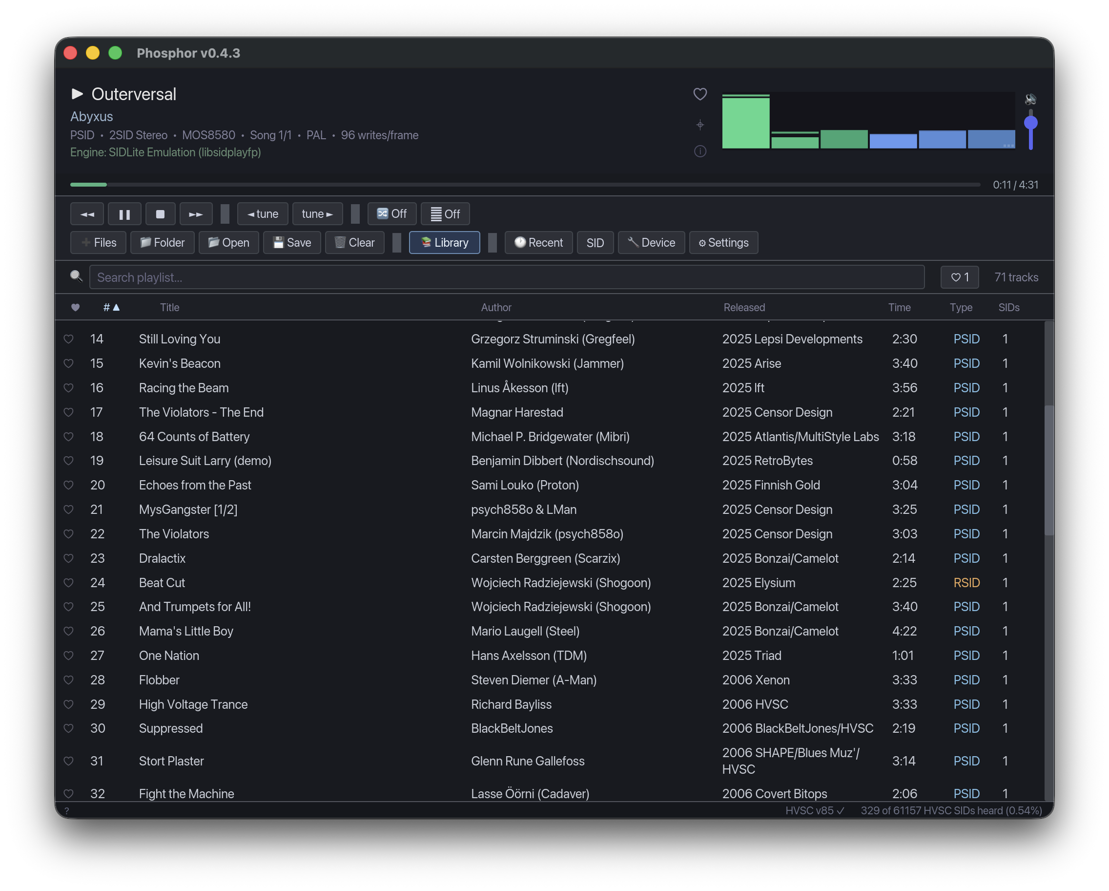 HVSC author/tune browser inside Phosphor's Library panel