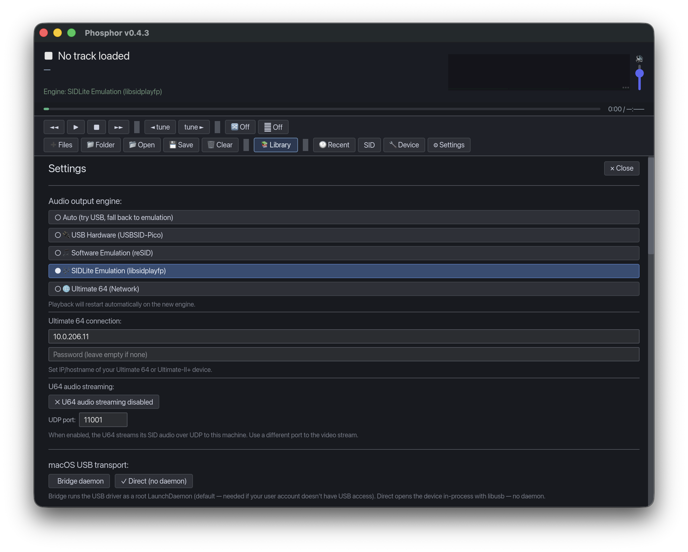 Phosphor Settings panel - playback engine, HVSC, songlengths, proxy