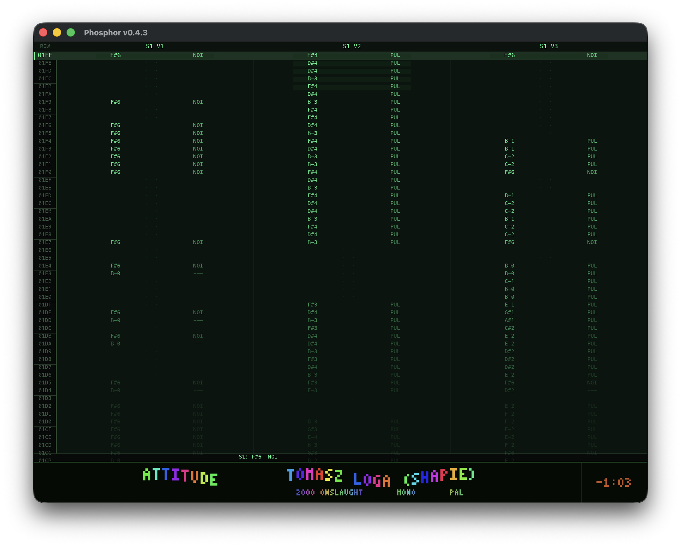 Full-screen tracker visualiser showing per-voice note, waveform, and ADSR